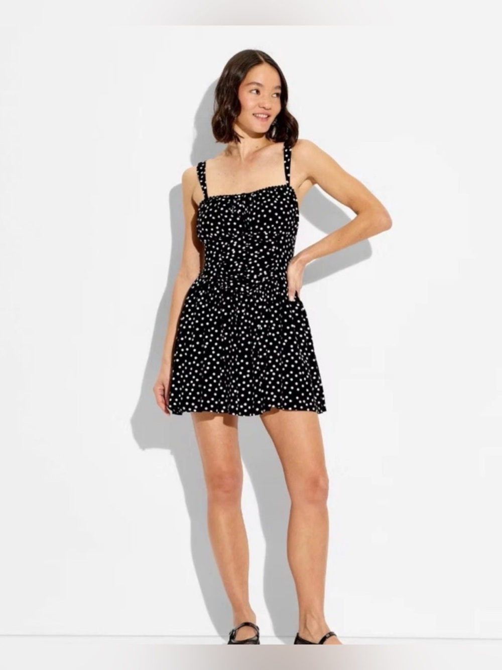 Wild Fable Ruched Black and White Polka Dot A-Line Mini Dress